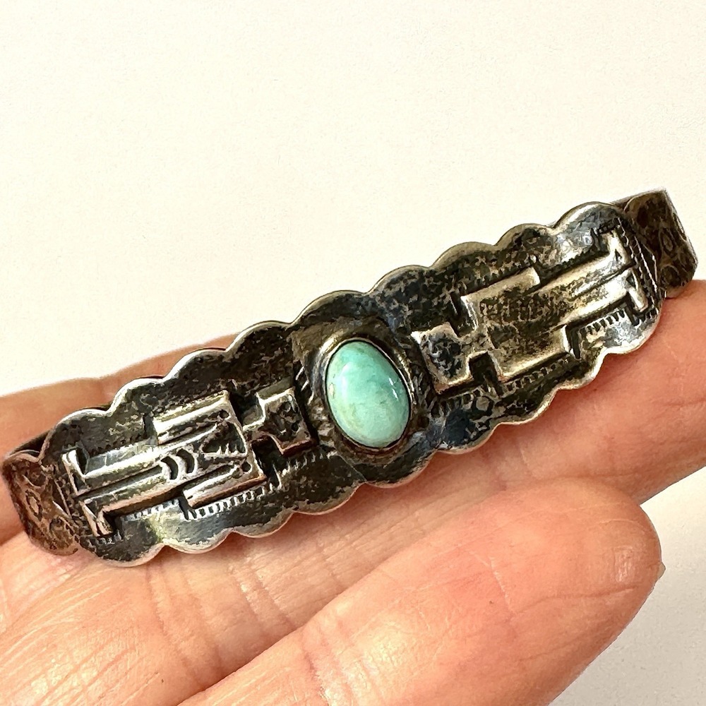 VTG Navajo Cuff Bracelet Turquoise Harvey Era Coin Silver IH Kachina Man‎ Native